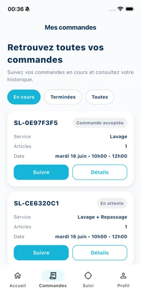 Capture écran application SMART LAVERIE - notifications de commande